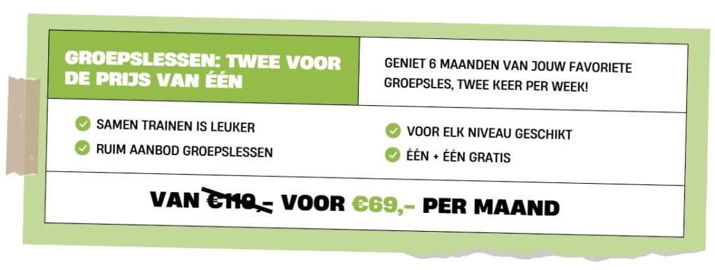 Promotie groepslessen: twee keer per week trainingen voor €69 per maand met aangepaste niveaus
