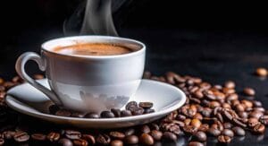 Dampende kop koffie op wit kopje en schotel met koffiebonen op donkere achtergrond