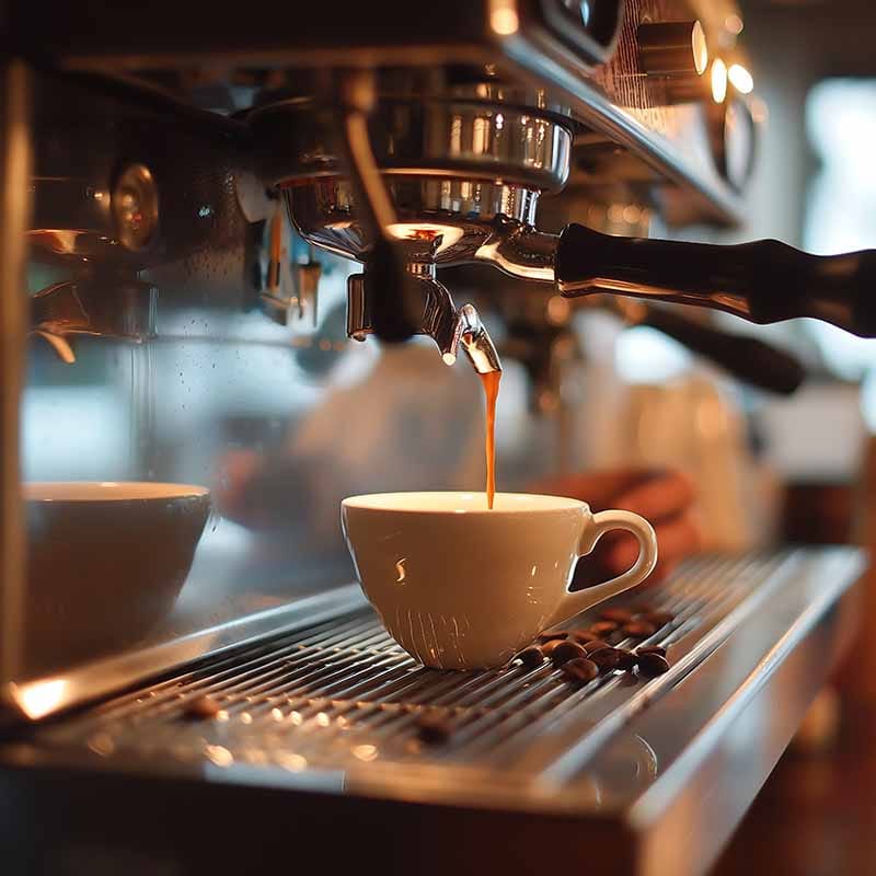 Espressomachine giet sterke koffie in een witte kopje op de balie