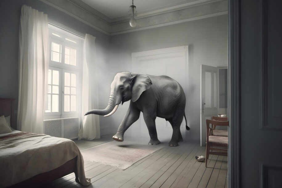 Surrealistisch beeld van een olifant in een serene, licht slaapkamer met houten vloer en grote ramen