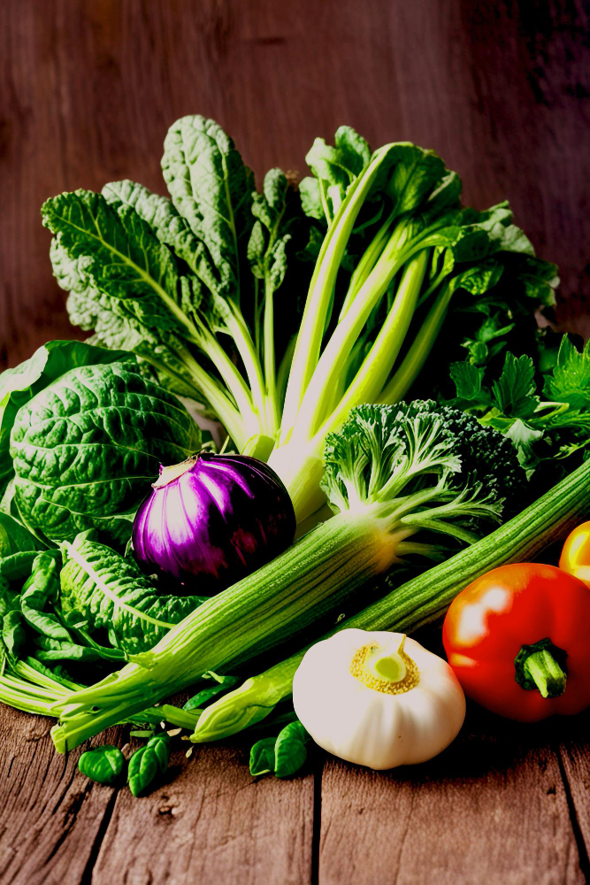 Vers groente op houten tafel: sla, broccoli, okra, ui, tomaat en paprika voor gezonde voeding