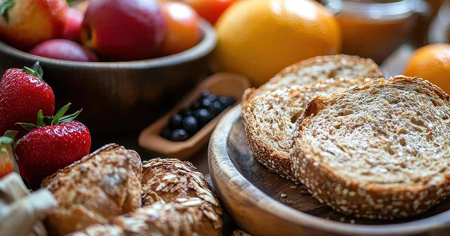 Gezonde ontbijt met volkorenbrood, verse aardbeien, fruit en sinaasappelsap op houten tafel