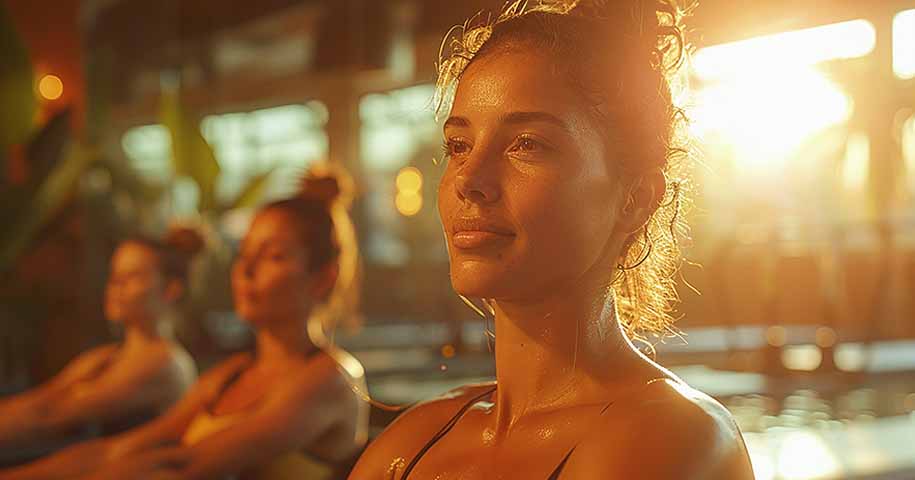 Vrouwen ontspannen in een warm verlicht zwembad tijdens een trainingsmoment